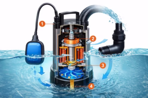نحوه کار پمپ کف کش – نمایش شماتیک اجزای داخلی، موتور، پروانه و مسیر جریان آب